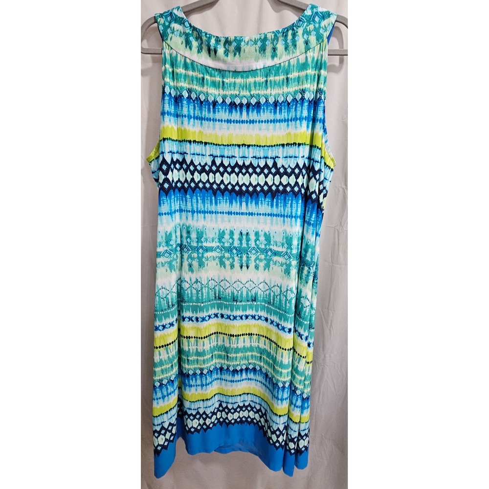 Catherines Blue Green Ikat Print Chain Neck Sleeveless Shift‎ Dress 2XWP